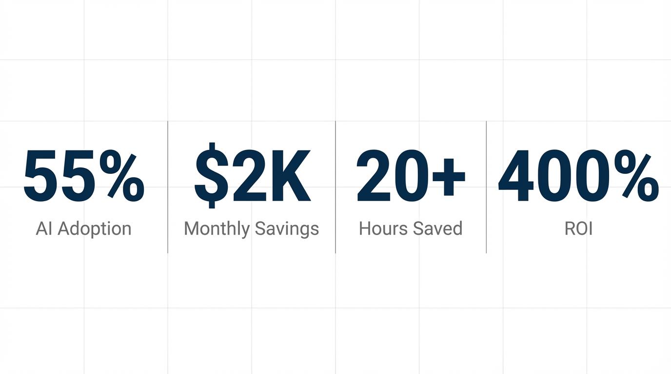 AI Automation Key Statistics: 55% SMBs Using AI, $2K Monthly Savings, 20+ Hours Saved Weekly, 400% Average ROI