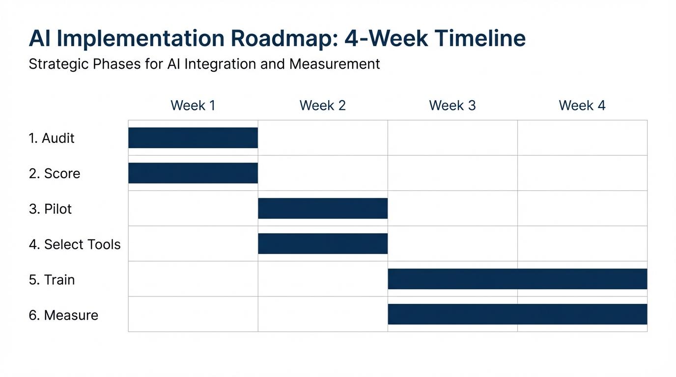6-Step AI Implementation Timeline: Week 1 Audit & Score, Week 2 Start Small & Choose Tool, Week 3-4 Train Team & Measure