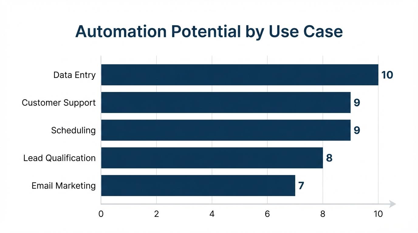 AI Automation Use Case Scores: Data Entry 10/10, Customer Support 9/10, Scheduling 9/10, Lead Qualification 8/10, Email & Social 7/10