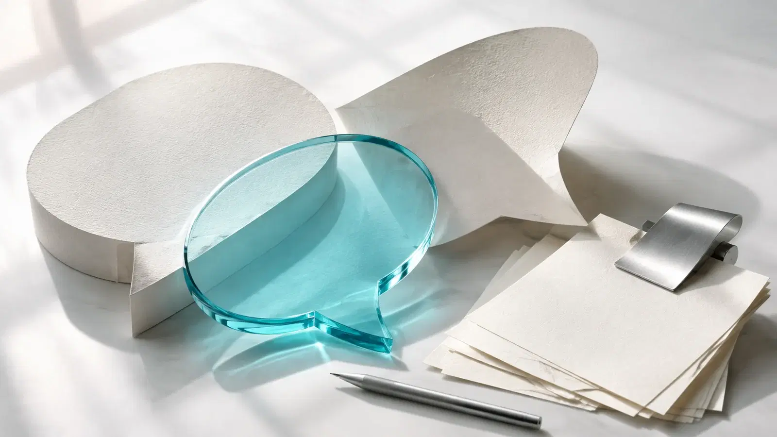 Sprechblasen aus Papier und blauem Glas neben Arbeitsdokumenten